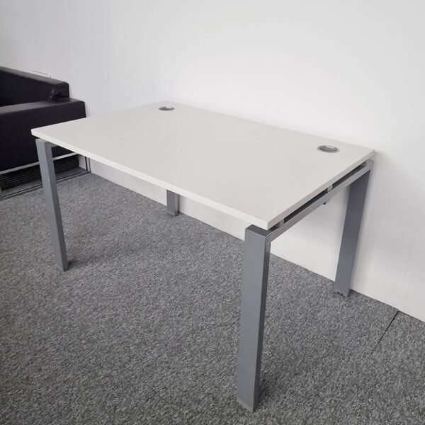 Modern Rectangular Office Bench Desk, White, Straight Metal Legs