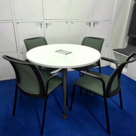 White Round Meeting Table With 4 Steelcase Move Stackable Chairs