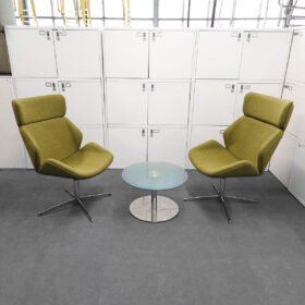 Set Of 2 Elite Cascara High Back Lime Green Lounge Swivel Chairs With Glass and Steel Coffee Tables By Tallin