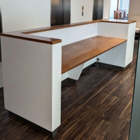 Veneer and White Reception Desk With Integrated Fridge