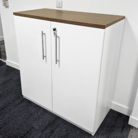 Mid-Height Office Cupboard, 2 Adjustable Shelves, White Metal, Dark Oak Top