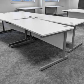White Rectangular Cantilever Office Desk - 2 Cable Ports