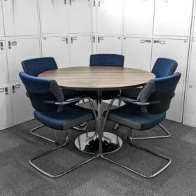 Oak Round Meeting Table & 4 Stacking Meeting Senator Blue Chairs