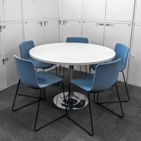 Round Meeting Table with 5 Light Blue Stacking Chairs