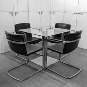 Square Glass Conference And Meeting Table With 4 Wilkhahn Leather Chairs