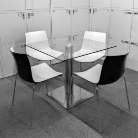 Square Glass Conference And Meeting Table With 4 Arper Catifa Stacking Chair