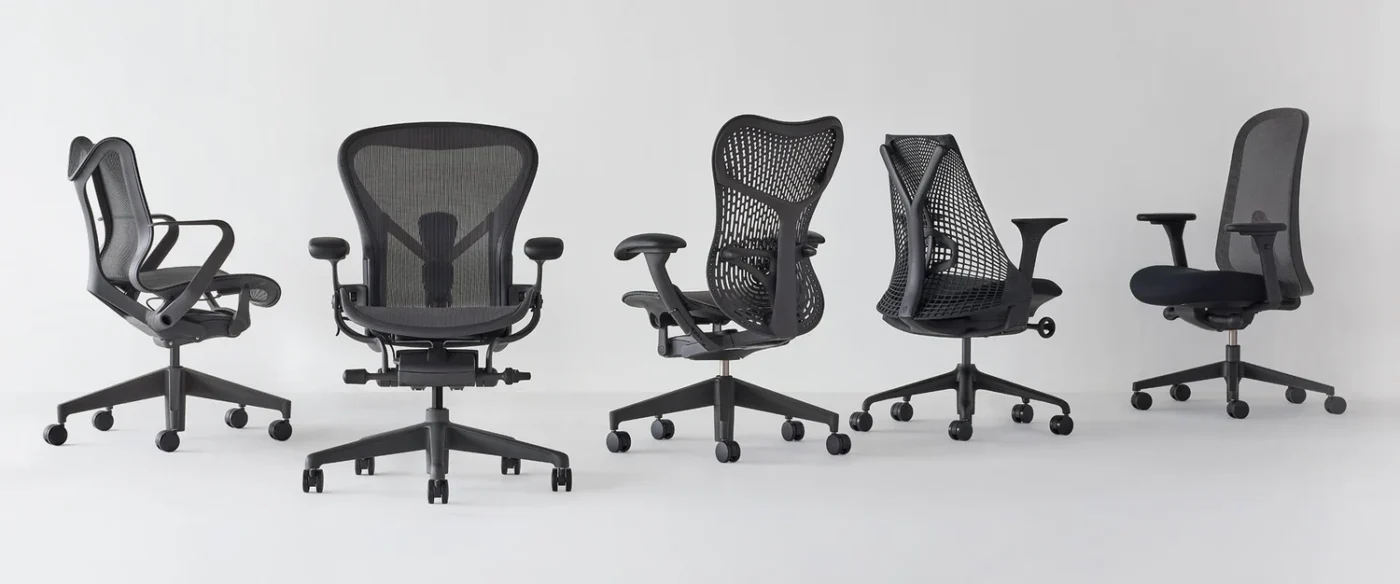 Collage of iconic Herman Miller chairs - Aeron, Embody, Sayl, Cosm, Mirra, and Lino in modern office settings