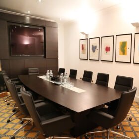 Executive Dark Walnut Boardroom Conference Table with 12 Leather Brunner Fina Meeting Chairs