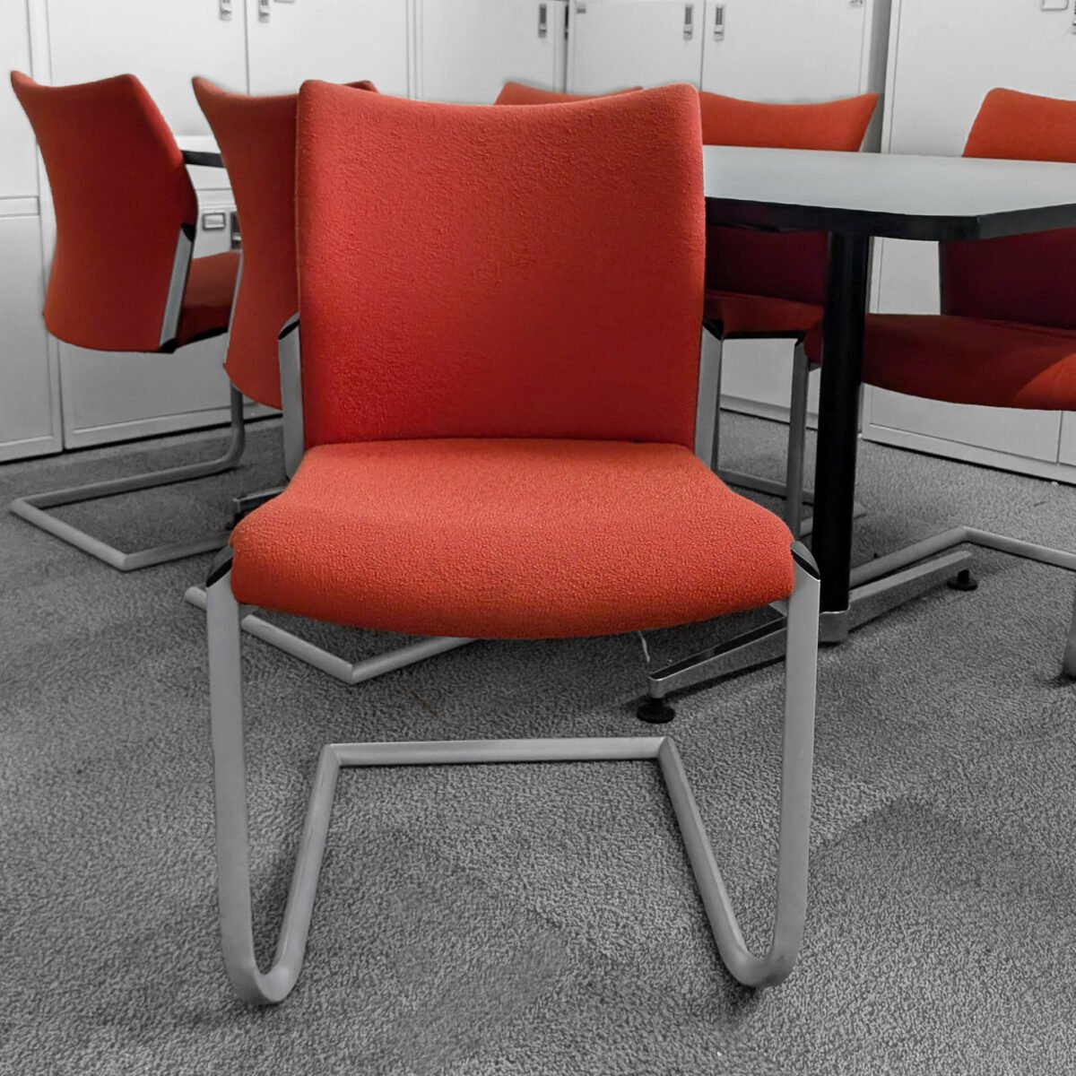 Round Meeting Table & 3 Stacking Meeting Orange Chairs - Image 2