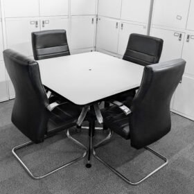 Square White Conference And Meeting Table With 4  Leather Chairs